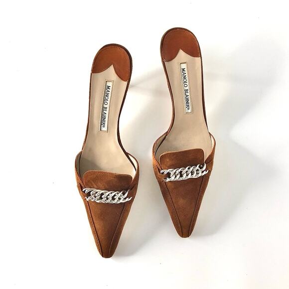 Manolo Blahnik Vintage Chain Link Brown Suede Kitten Heel Pointed Toe Mules 37 - Picture 3 of 12